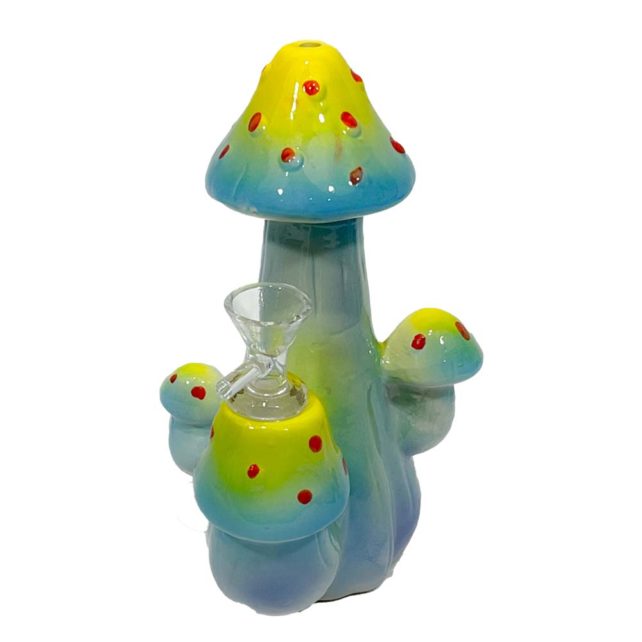 Ceramic Water Pipe - "MUSHROOMS" Bubbler. With a glass-on-glass stem. Glass pull stem - 14mm. H: 7.5''