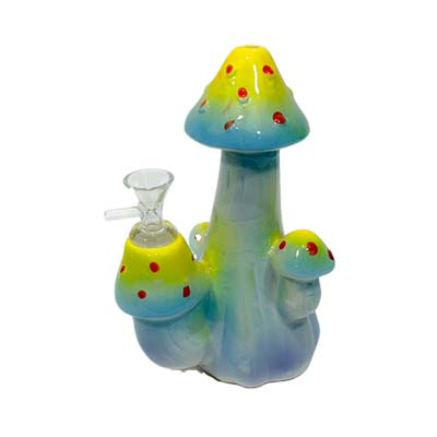 Ceramic Water Pipe - "MUSHROOMS" Bubbler. With a glass-on-glass stem. Glass pull stem - 14mm. H: 7.5''